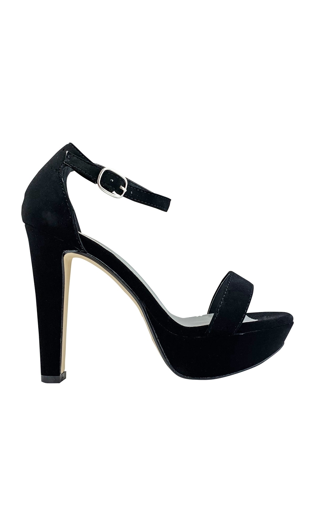 The Black Imitation Suede Mary Sandal with a High Heel 4367 features a 4-inch platform heel, ankle strap, and buckle, shown against a white background.